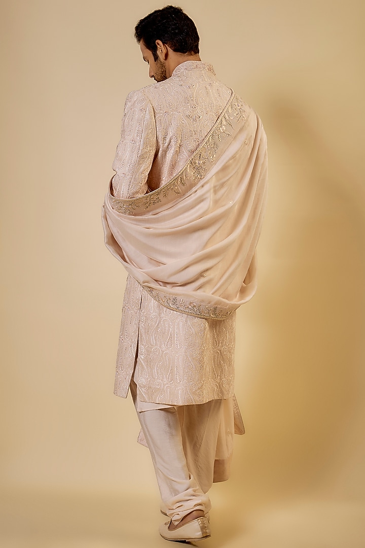 Peach Raw Silk Embroidered Sherwani Set by GAURANG GALIYA at Pernia's Pop Up Shop