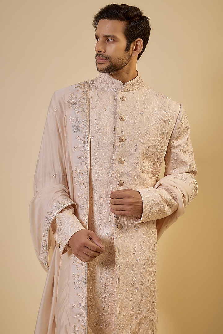 Peach Raw Silk Embroidered Sherwani Set by GAURANG GALIYA at Pernia's Pop Up Shop