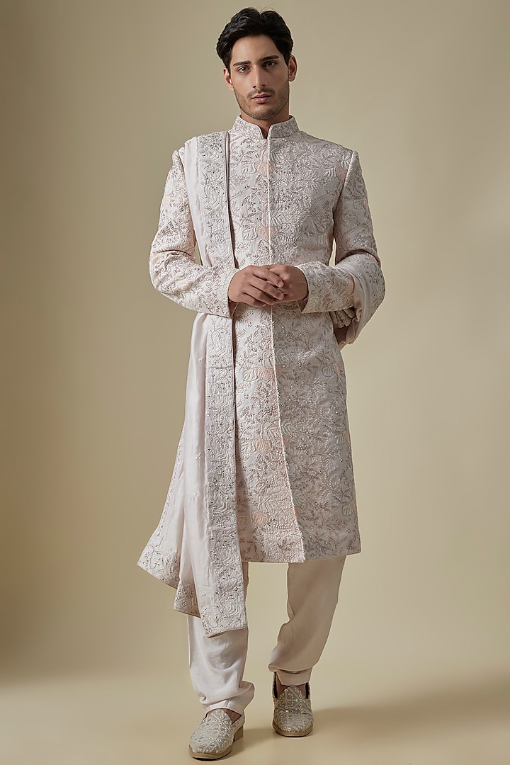 White Silk Thread & Sequins Embroidered Groom Sherwani Set by GAURANG GALIYA at Pernia's Pop Up Shop