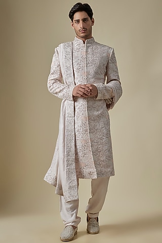 White Silk Thread & Sequins Embroidered Sherwani Set by GAURANG GALIYA