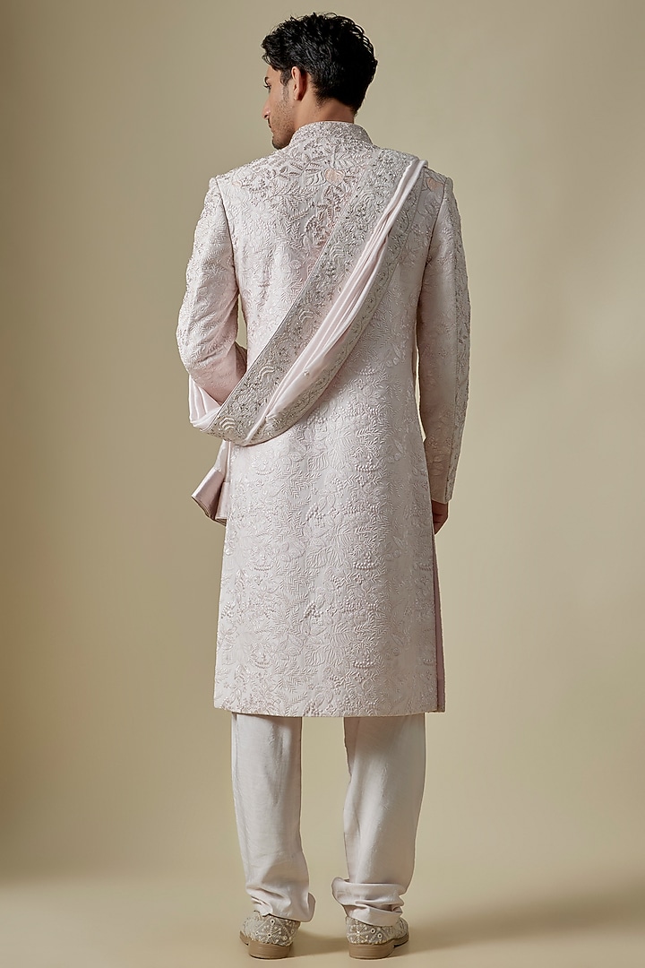 White Silk Thread & Sequins Embroidered Groom Sherwani Set by GAURANG GALIYA at Pernia's Pop Up Shop