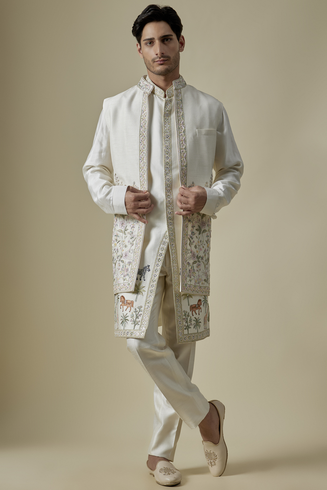 White Silk Pearl & Mirror Embroidered Wedding Indowestern Set by GAURANG GALIYA at Pernia's Pop Up Shop