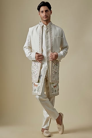 White Silk Pearl & Mirror Embroidered Indowestern Set by GAURANG GALIYA