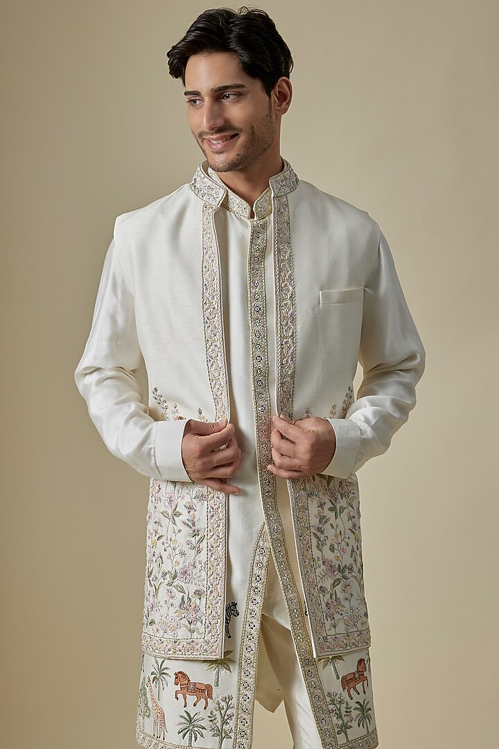 White Silk Pearl & Mirror Embroidered Wedding Indowestern Set by GAURANG GALIYA at Pernia's Pop Up Shop