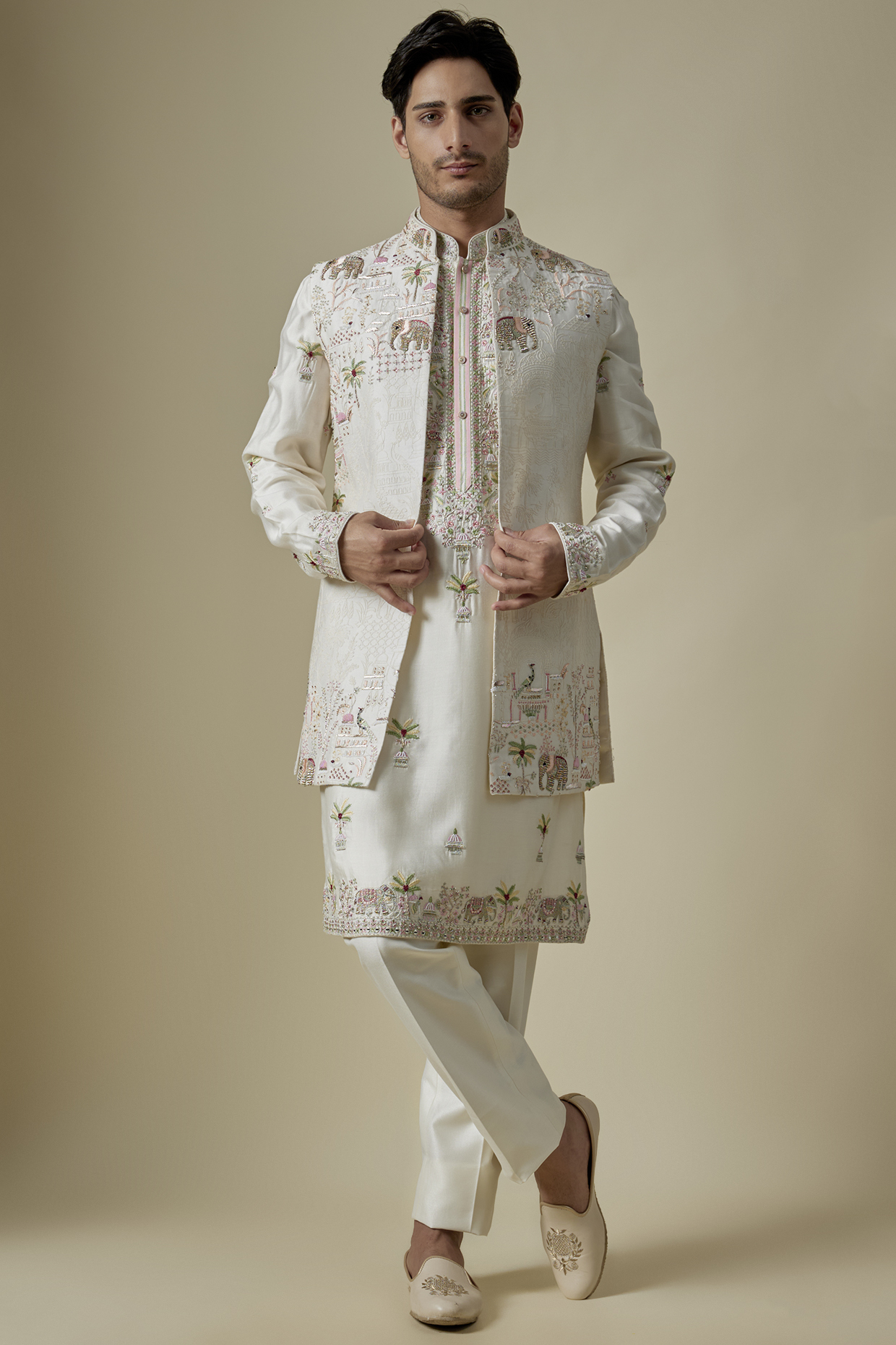 White Silk Moti & Cutdana Embroidered Wedding Indowestern Set by GAURANG GALIYA at Pernia's Pop Up Shop