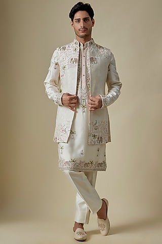 White Silk Moti & Cutdana Embroidered Indowestern Set by GAURANG GALIYA