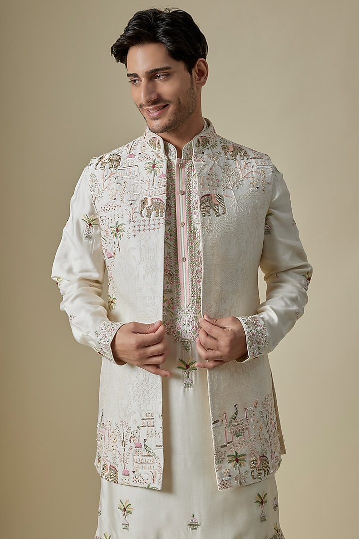White Silk Moti & Cutdana Embroidered Wedding Indowestern Set by GAURANG GALIYA at Pernia's Pop Up Shop