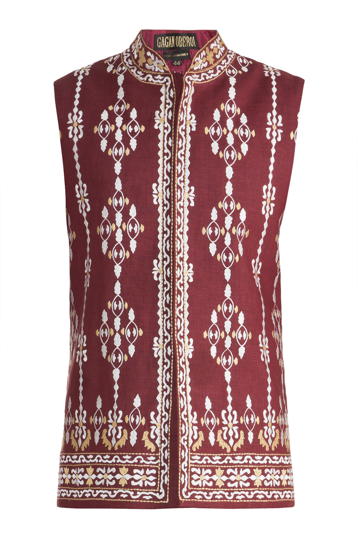 Red Embroidered Bundi Jacket by Gagan Oberoi