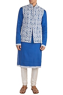 Blue Patchwork Embroidered Bundi Jacket by Gagan Oberoi-POPULAR PRODUCTS AT STORE