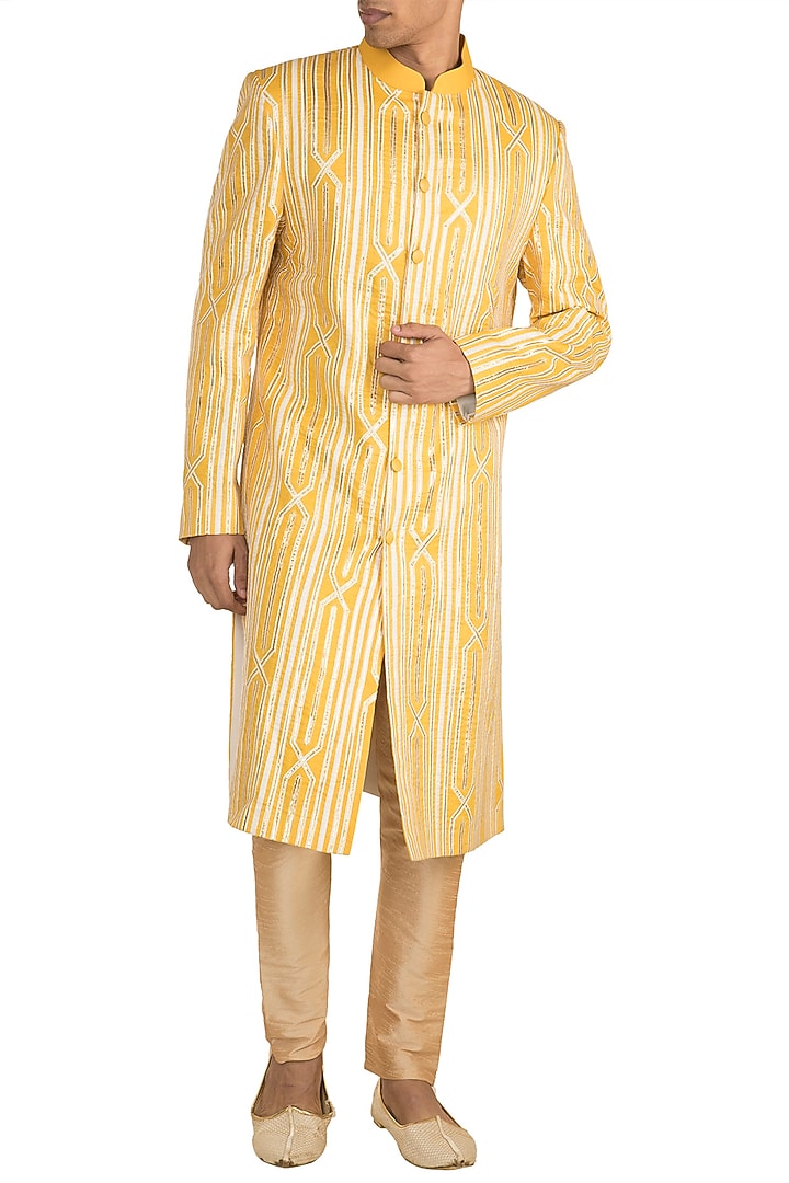 Mango Yellow Embroidered Wedding Sherwani by Gagan Oberoi at Pernia's Pop Up Shop