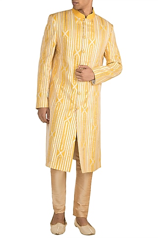 Mango Yellow Embroidered Sherwani by Gagan Oberoi