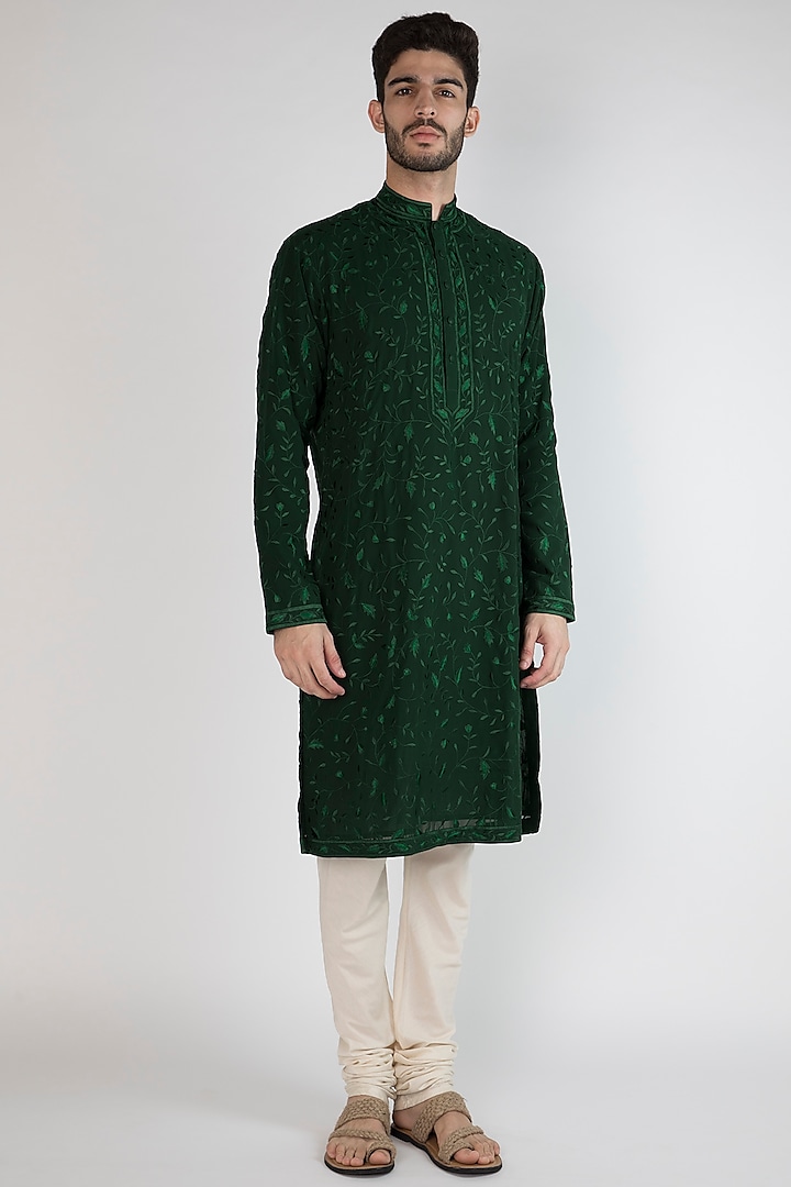 Emerald Green Thread Embroidered Kurta by Gagan Oberoi
