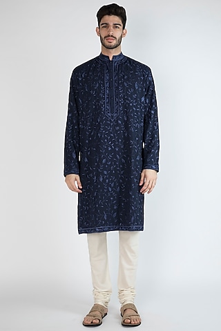 Navy Blue Thread Embroidered Kurta by Gagan Oberoi