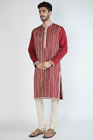 Red Gota Embroidered Kurta by Gagan Oberoi