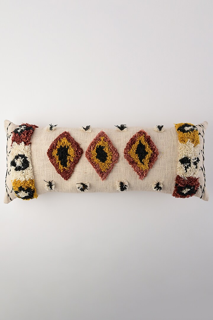 Beige Hand Embroidered Cushion Cover by Ghar Ghar at Pernia's Pop Up Shop