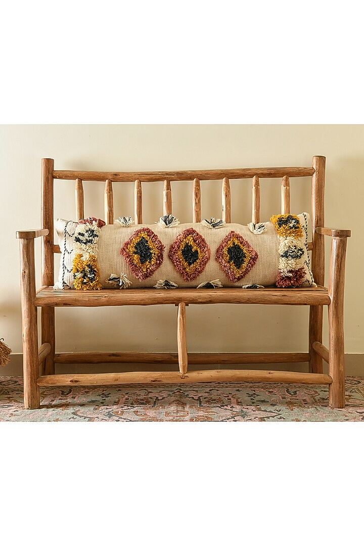 Beige Hand Embroidered Cushion Cover by Ghar Ghar at Pernia's Pop Up Shop