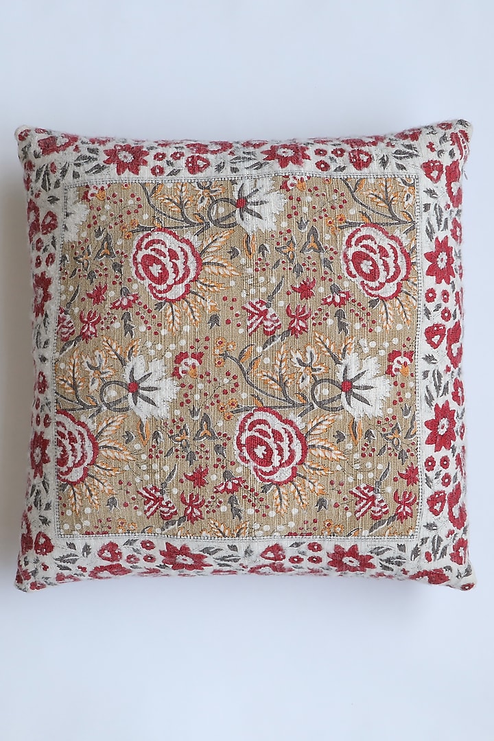 Red Hand Printed Cushion Cover With Filler by Ghar Ghar at Pernia's Pop Up Shop