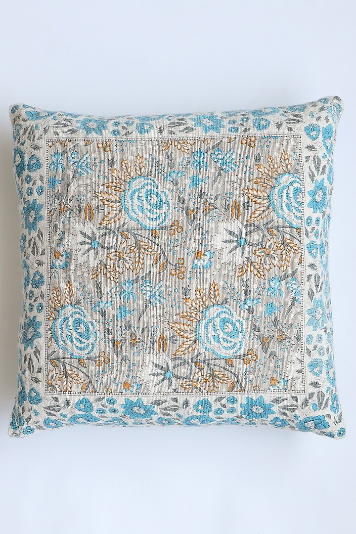 Blue Hand Printed Cushion Cover by Ghar Ghar at Pernia's Pop Up Shop