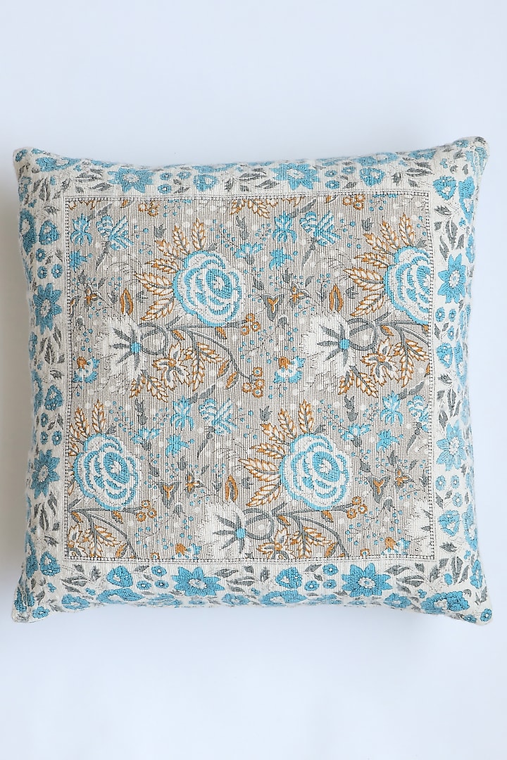 Blue Hand Printed Cushion Cover With Filler by Ghar Ghar at Pernia's Pop Up Shop