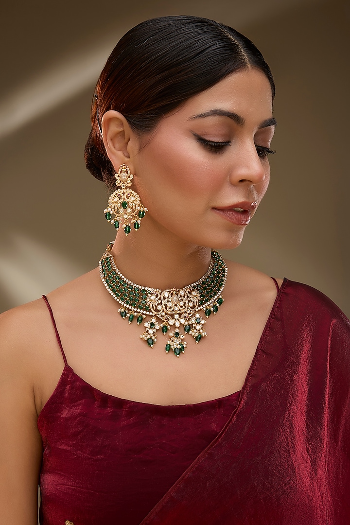 Rose Gold Finish Kundan Polki & Emerald Stone Necklace Set by Gehna Shop at Pernia's Pop Up Shop