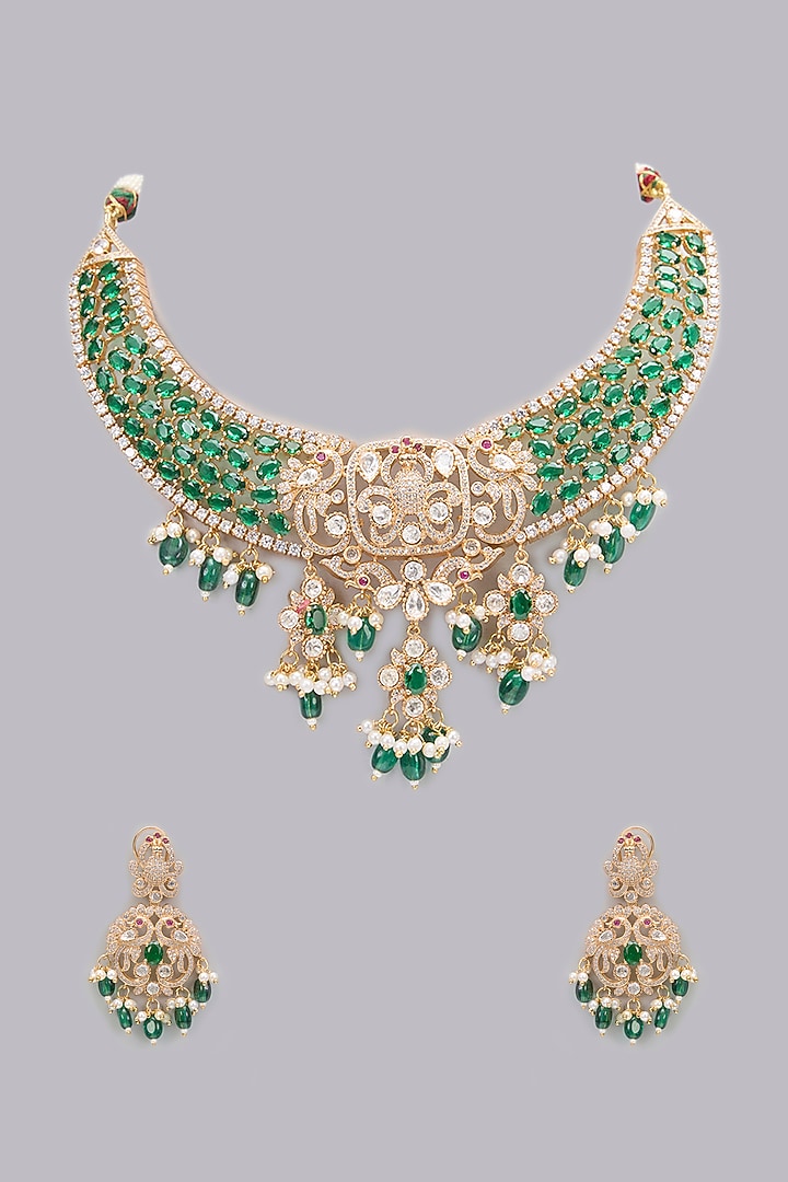 Rose Gold Finish Kundan Polki & Emerald Stone Necklace Set by Gehna Shop at Pernia's Pop Up Shop