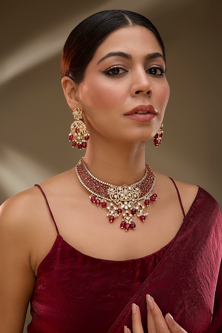 Rose Gold Finish Kundan Polki & Ruby Stone Necklace Set by Gehna Shop at Pernia's Pop Up Shop