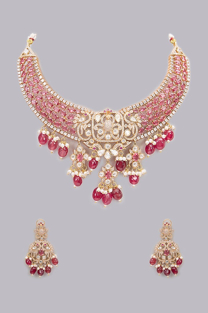 Rose Gold Finish Kundan Polki & Ruby Stone Necklace Set by Gehna Shop at Pernia's Pop Up Shop