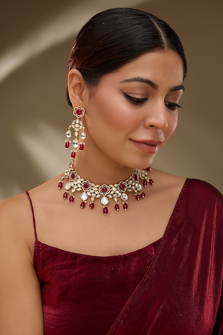 Rose Gold Finish Kundan Polki & Ruby Stone Necklace Set by Gehna Shop at Pernia's Pop Up Shop
