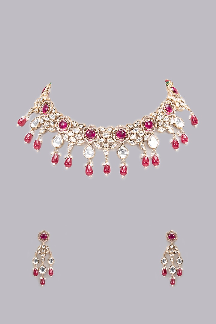 Rose Gold Finish Kundan Polki & Ruby Stone Necklace Set by Gehna Shop at Pernia's Pop Up Shop