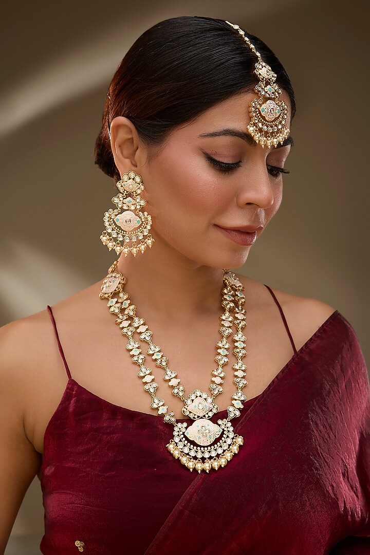 Rose Gold Finish Kundan Polki Meenakari Long Necklace Set by Gehna Shop at Pernia's Pop Up Shop