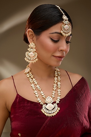 Rose Gold Finish Kundan Polki Meenakari Long Necklace Set by Gehna Shop