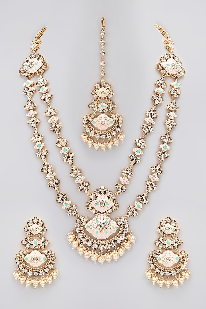 Rose Gold Finish Kundan Polki Meenakari Long Necklace Set by Gehna Shop at Pernia's Pop Up Shop