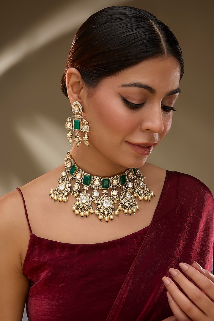 Rose Gold Finish Moissanite Polki & Green Doublet Stone Choker Necklace Set by Gehna Shop at Pernia's Pop Up Shop