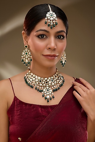 Rose Gold Finish Kundan Polki & Green Stone Green Enameled Choker Necklace Set by Gehna Shop