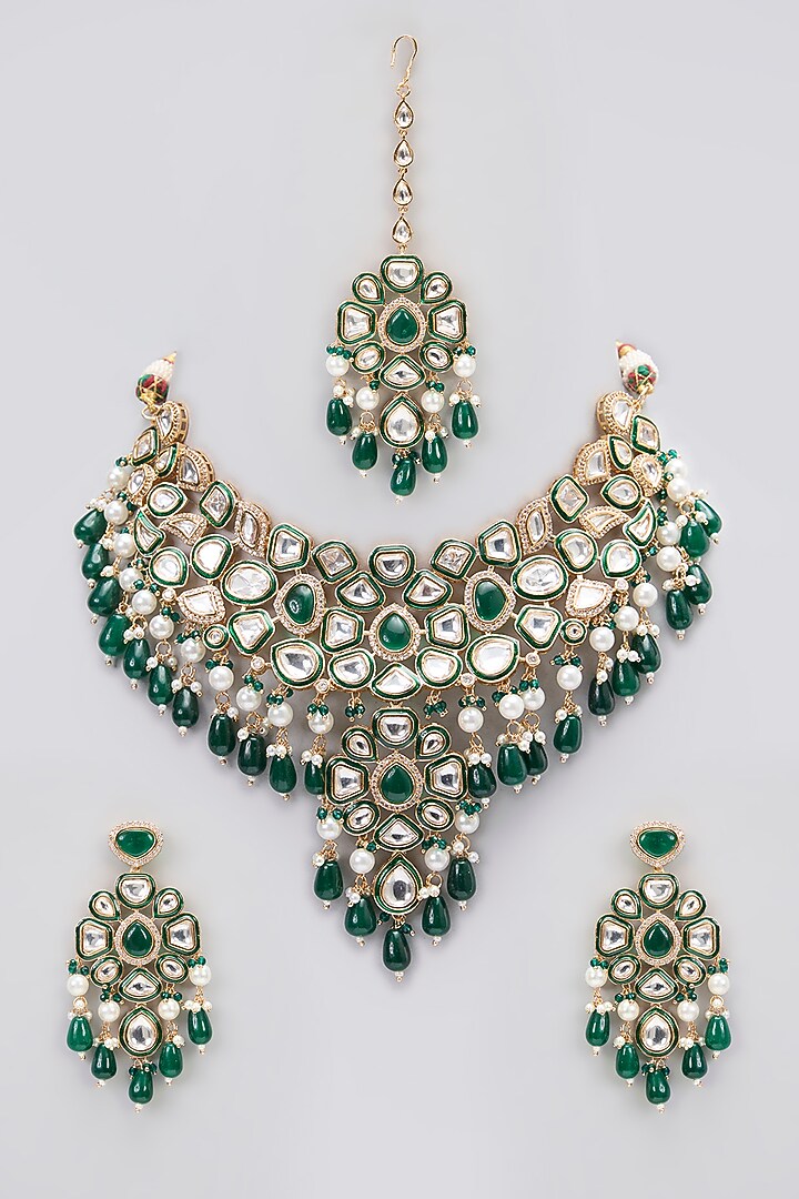 Rose Gold Finish Kundan Polki & Green Stone Green Enameled Choker Necklace Set by Gehna Shop at Pernia's Pop Up Shop