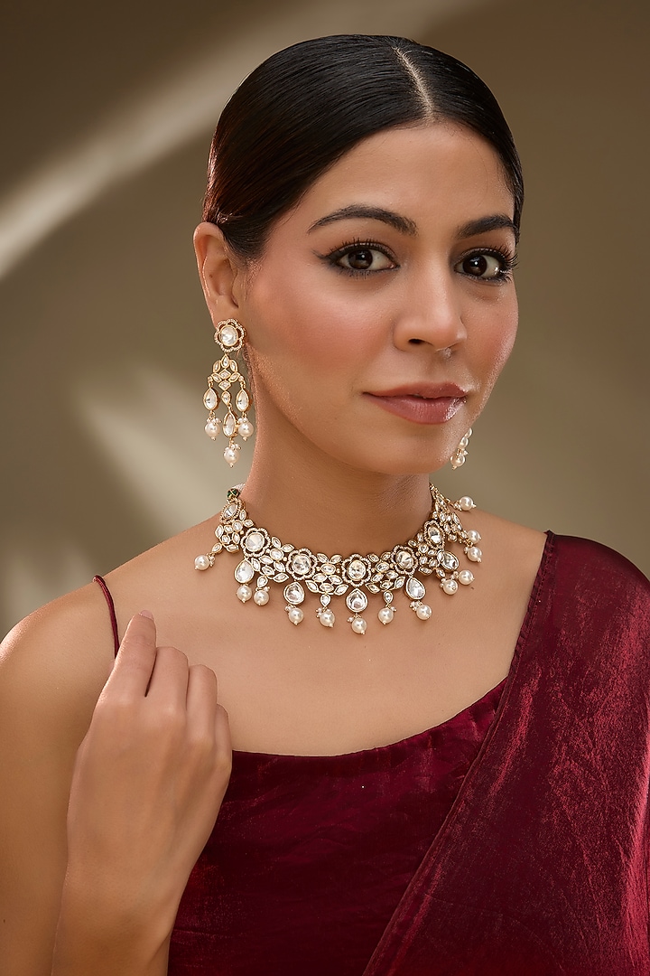 Rose Gold Finish Kundan Polki & AD Stone Necklace Set by Gehna Shop at Pernia's Pop Up Shop