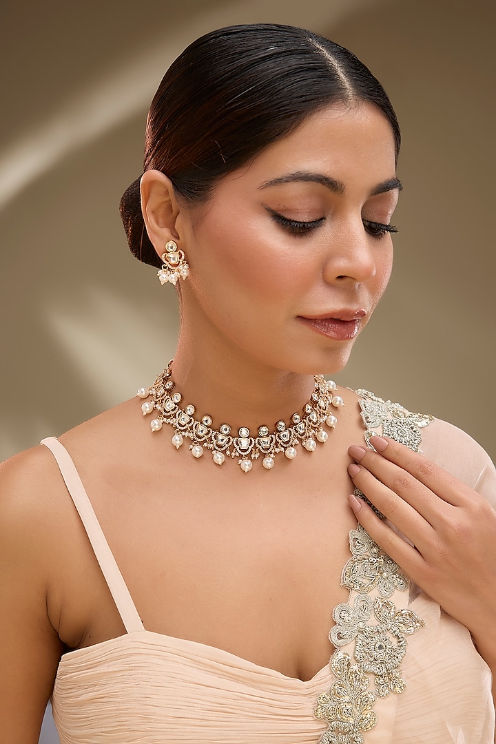 Rose Gold Finish Kundan Polki & AD Stone Choker Necklace Set by Gehna Shop at Pernia's Pop Up Shop
