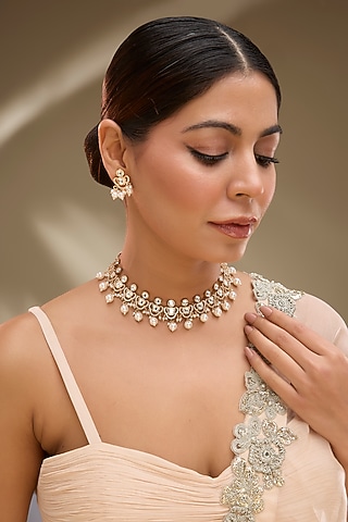 Rose Gold Finish Kundan Polki & AD Stone Choker Necklace Set by Gehna Shop
