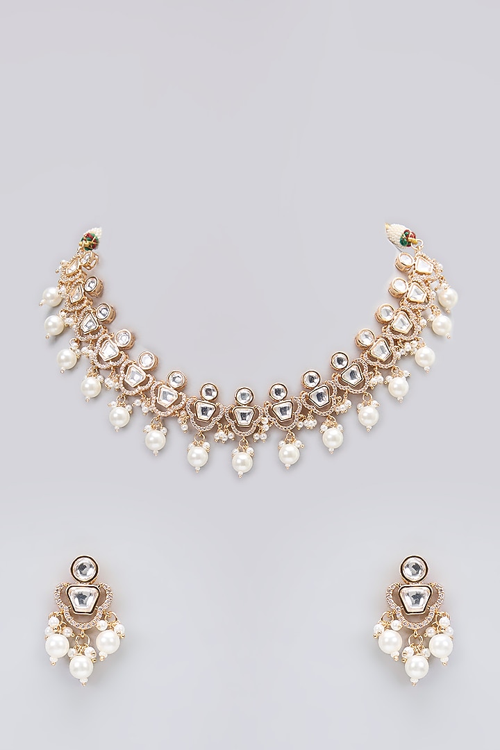 Rose Gold Finish Kundan Polki & AD Stone Choker Necklace Set by Gehna Shop at Pernia's Pop Up Shop