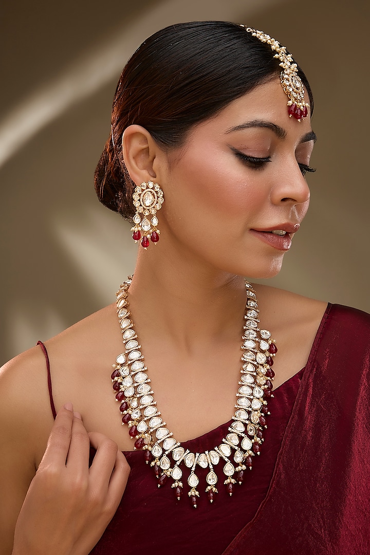 Rose Gold Finish Kundan Polki & AD Stone Long Necklace Set by Gehna Shop at Pernia's Pop Up Shop