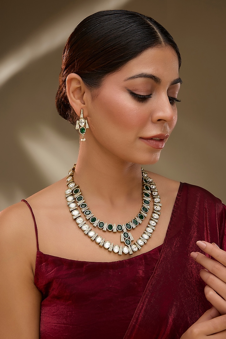 Two-Tone Finish Victorian Polki Layered Long Necklace Set by Gehna Shop at Pernia's Pop Up Shop