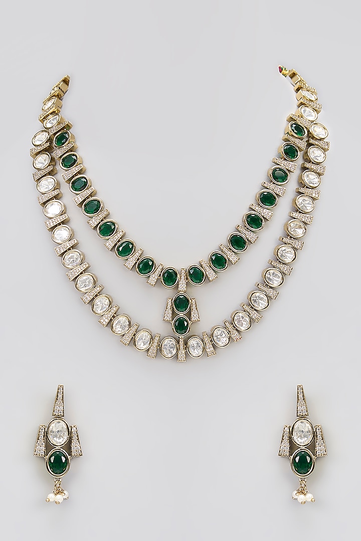 Two-Tone Finish Victorian Polki Layered Long Necklace Set by Gehna Shop at Pernia's Pop Up Shop