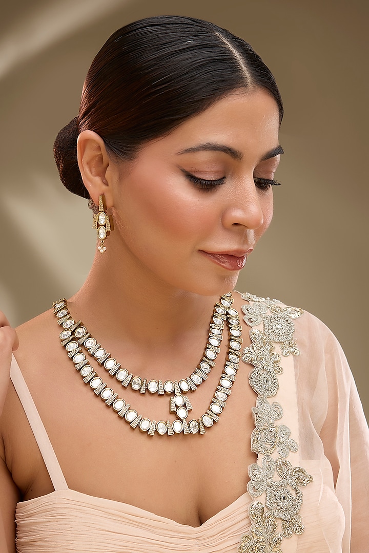 Two-Tone Finish Victorian Polki Layered Long Necklace Set by Gehna Shop at Pernia's Pop Up Shop