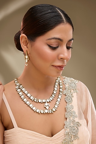 Two-Tone Finish Victorian Polki Layered Long Necklace Set by Gehna Shop