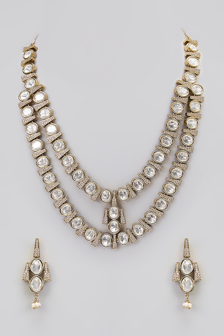 Two-Tone Finish Victorian Polki Layered Long Necklace Set by Gehna Shop at Pernia's Pop Up Shop