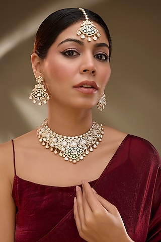 Rose Gold Finish Kundan Polki & AD Stone Choker Necklace Set by Gehna Shop