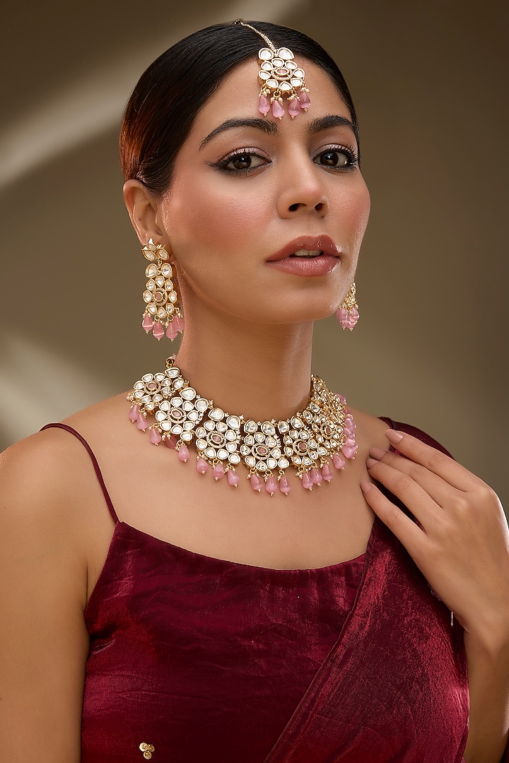 Rose Gold Finish Pink Kundan Polki & AD Stone Choker Necklace Set by Gehna Shop at Pernia's Pop Up Shop