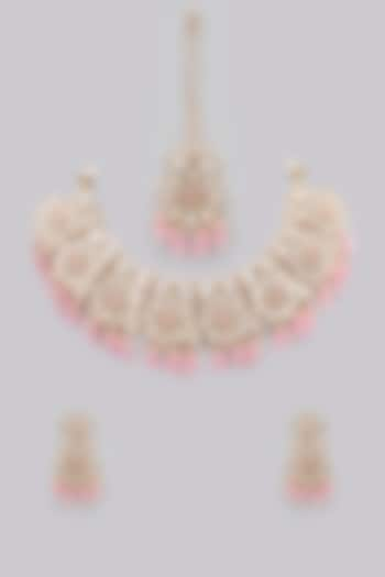 Rose Gold Finish Pink Kundan Polki & AD Stone Choker Necklace Set by Gehna Shop at Pernia's Pop Up Shop