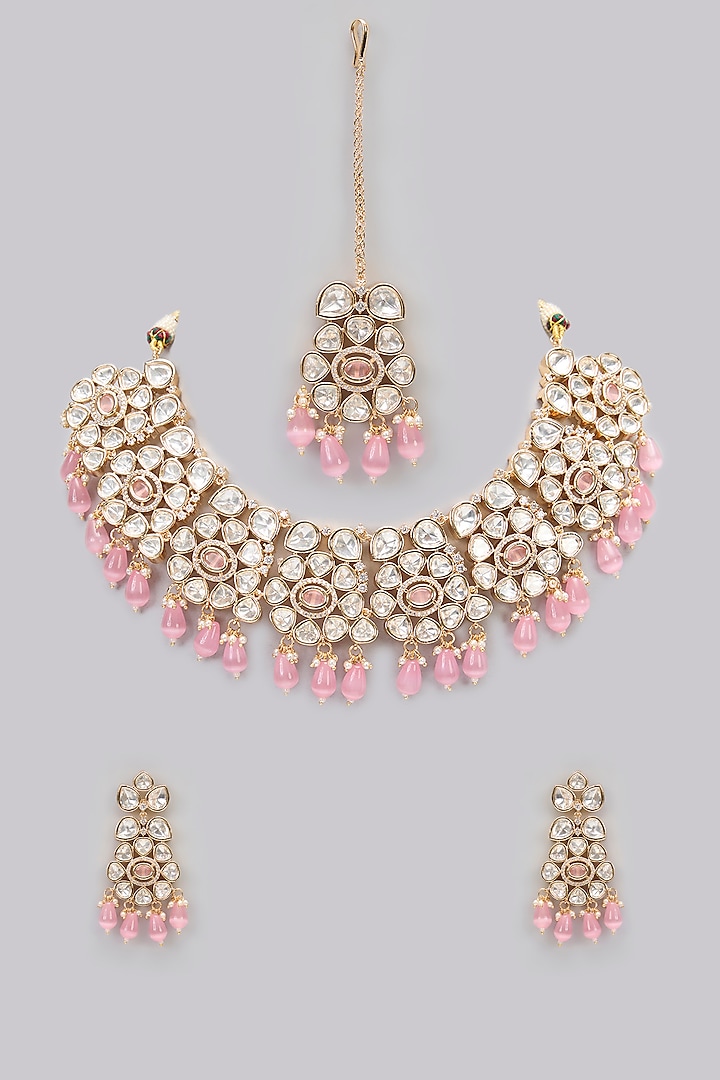 Rose Gold Finish Pink Kundan Polki & AD Stone Choker Necklace Set by Gehna Shop at Pernia's Pop Up Shop