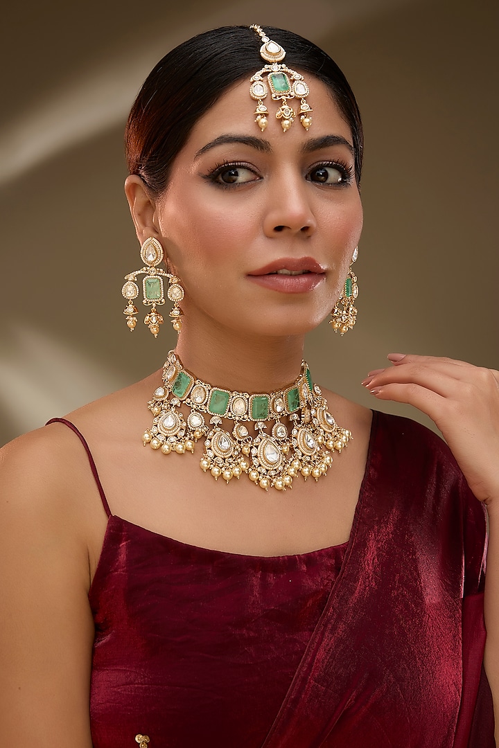 Rose Gold Finish Pink Kundan Polki & AD Stone Choker Necklace Set by Gehna Shop at Pernia's Pop Up Shop